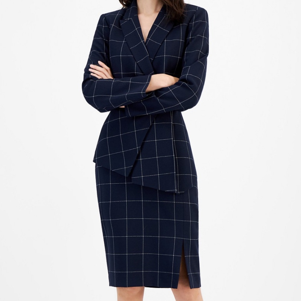 Tahari ASL Navy Grid Pencil Skirt and belted jacket